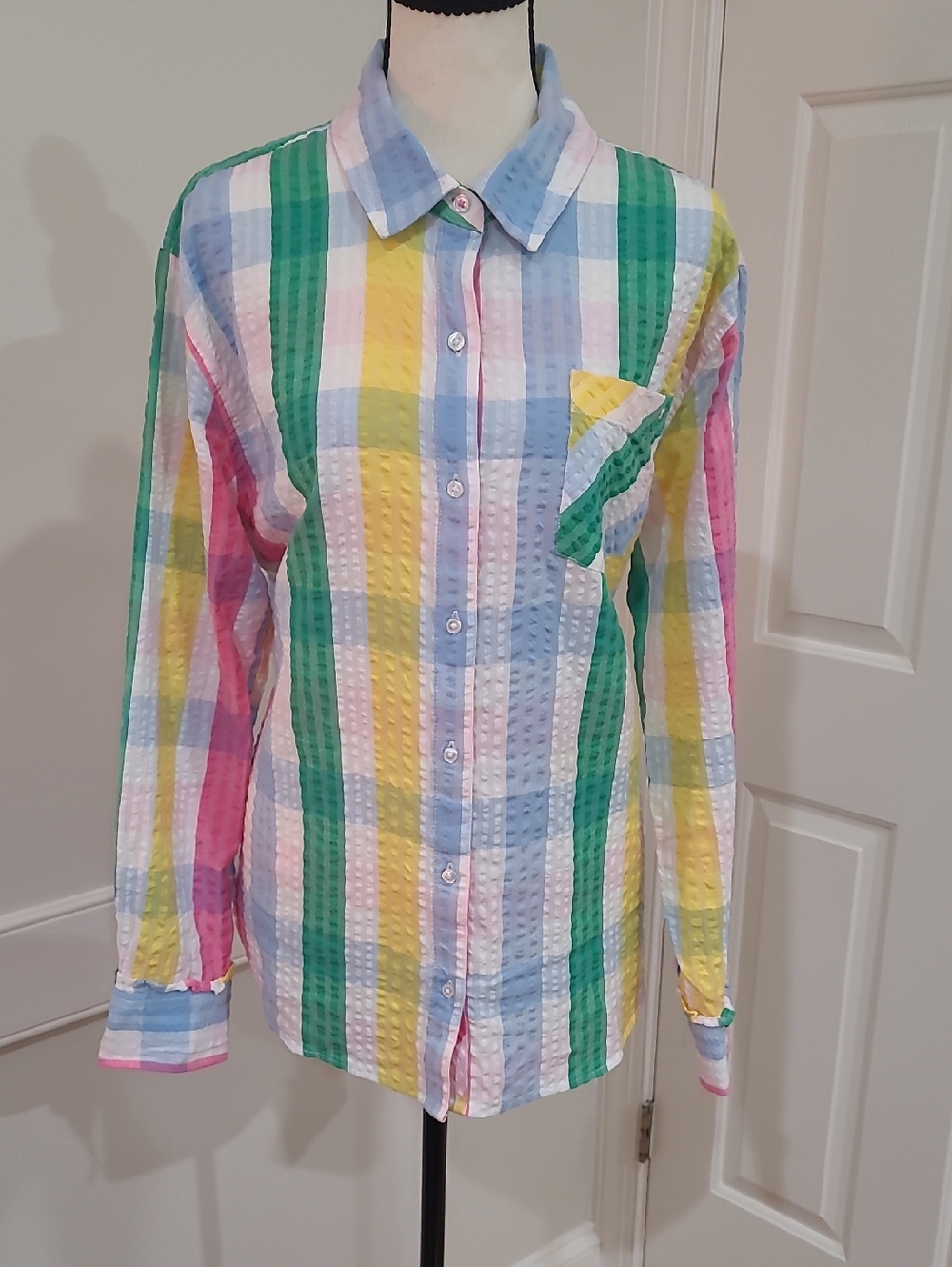 Crown & Ivy Multicolor Pastel Plaid/Striped Seersucker Button-Up Shirt - Size M